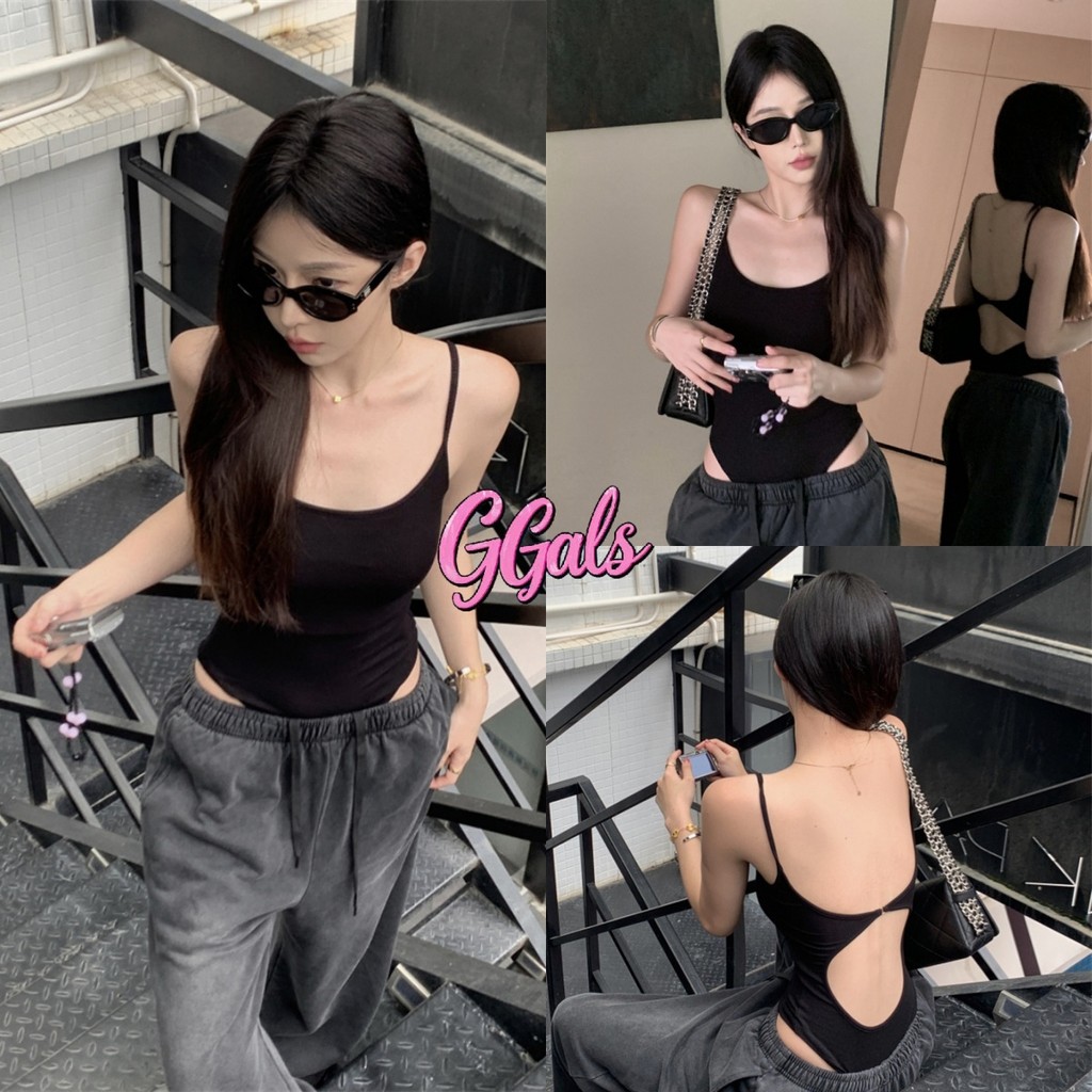 💐GGals💐ชุดบอดี้สูท ผ้าร่อง สีพื้น ทรงรัดรูป มีฟองน้ำ คุ้มค่า สายเดี่ยว สไตล์เกาหลี เว้าหลังแซ่บๆ บาง