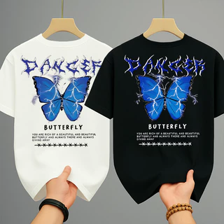 เสื้อยืดคู่รัก เสื้อยืดคอกลม-แขนสั้น ลายเท่ๆ oversize t shirt สกรีนลายหน้า-หลัง ลายผีเสื้อ สตรีทแฟชั่น สีดำ-สีขาว