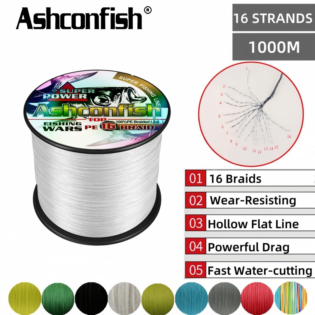 Ashconfish 16 Strands 1000M Professional Hollow PE สายถัก Multifilament สายหลัก Braid 20LB-500LB