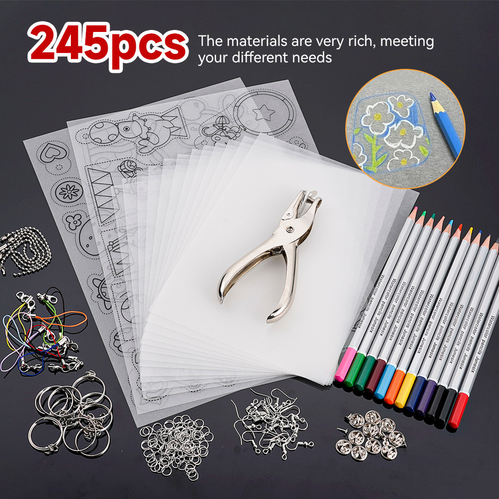 145/198 ชิ้นความร้อนหดแผ่นพลาสติกชุด Shrinky Art ฟิล์มกระดาษแผ่นชุด Punch พวงกุญแจต่างหูดินสอ DIY ชุดวาด Art Supply