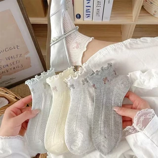 2025 ฤดูร้อน стильใหม่ตาข่ายระบายอากาศถุงเท้าโบว์ผู้หญิงสีทึบบางหวานลูกไม้บัลเล่ต์