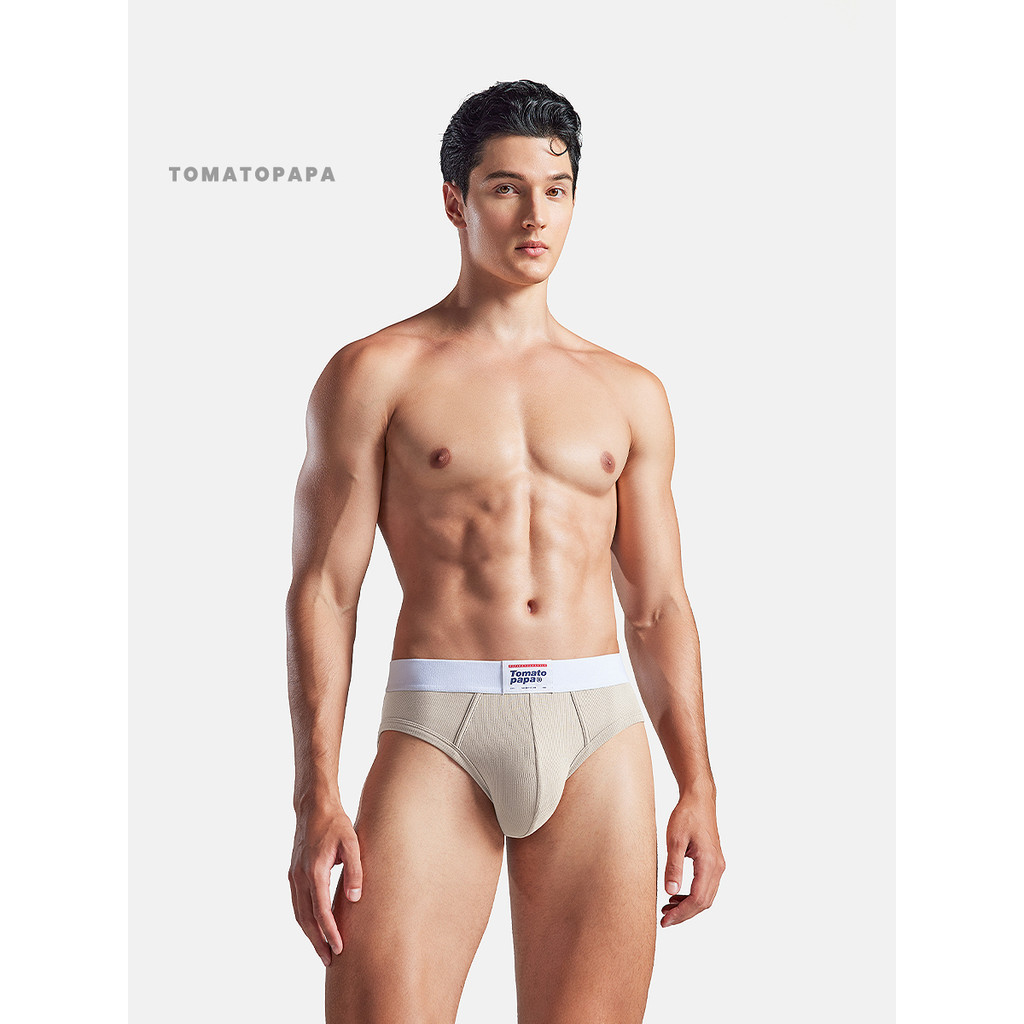 TOMATOPAPA มะเขือเทศปาป้า อเมริกันย้อนยุคสไตล์ผู้ชายกีฬากางเกงแฟชั่นที่เรียบง่ายกีฬาเกลียวยืดชุดชั้นในพื้นฐานสีเบจเกรดสูงสีเทากระเป๋าสามมิติชายภายใต้
