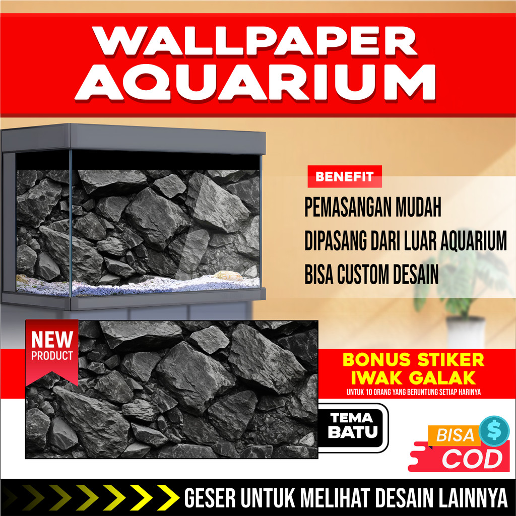 3D REAR AQUARIUM BACKGROUND WALLPAPER สติ๊กเกอร์ ROCKSTONE PICTURE THEME EQ2