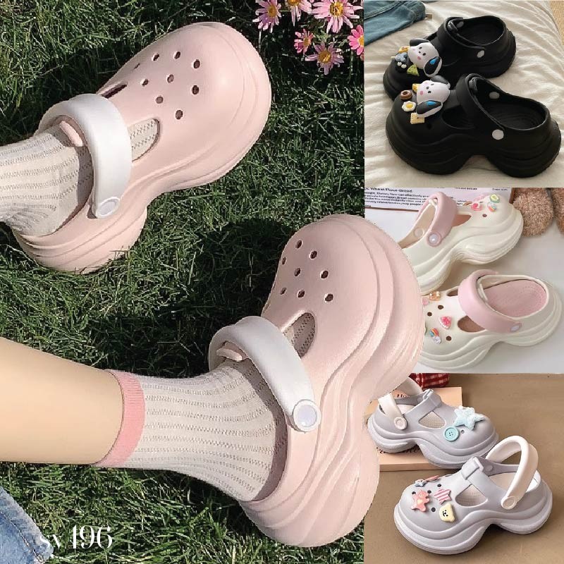 รองเท้าแตะผู้หญิง เสริมส้น วัสดุ EVA ส้นสูง 5cm หัวมน แต่งสายคาดปรับรัดส้นได้ รองเท้า clog #sy196