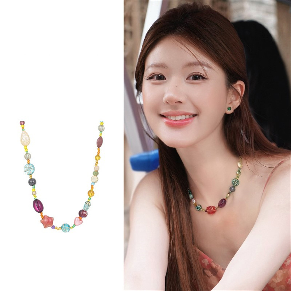 สี Dopamine Glass Stars Love Beaded Necklace Clavicle Chain Girls Retro Fashion บุคลิกภาพสไตล์เกาหลี