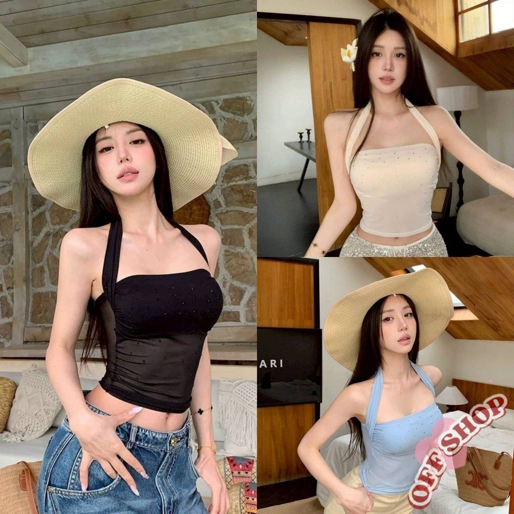 OFF SHOP 🥻ใหม่ 2025 เสื้อคล้องคอ มีฟองน้ำในตัว สีสันพาสเทลใส่ง่ายสวย เสื้อแฟชั่นผู้หญิง' FY9358