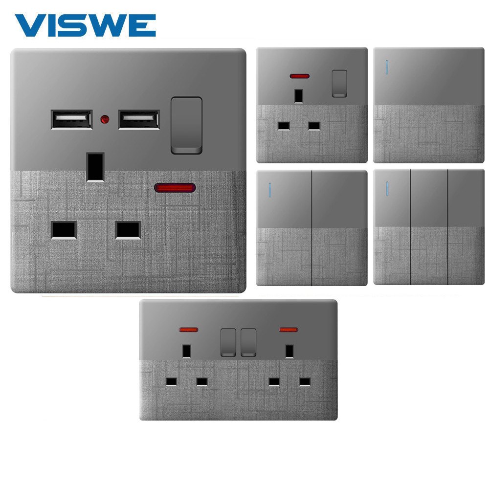 VISWE ซ็อกเก็ตสากลคู่ผนังและสวิตช์ไฟ สีเทาสองสี วัสดุพลาสติก ซีรีย์ S11