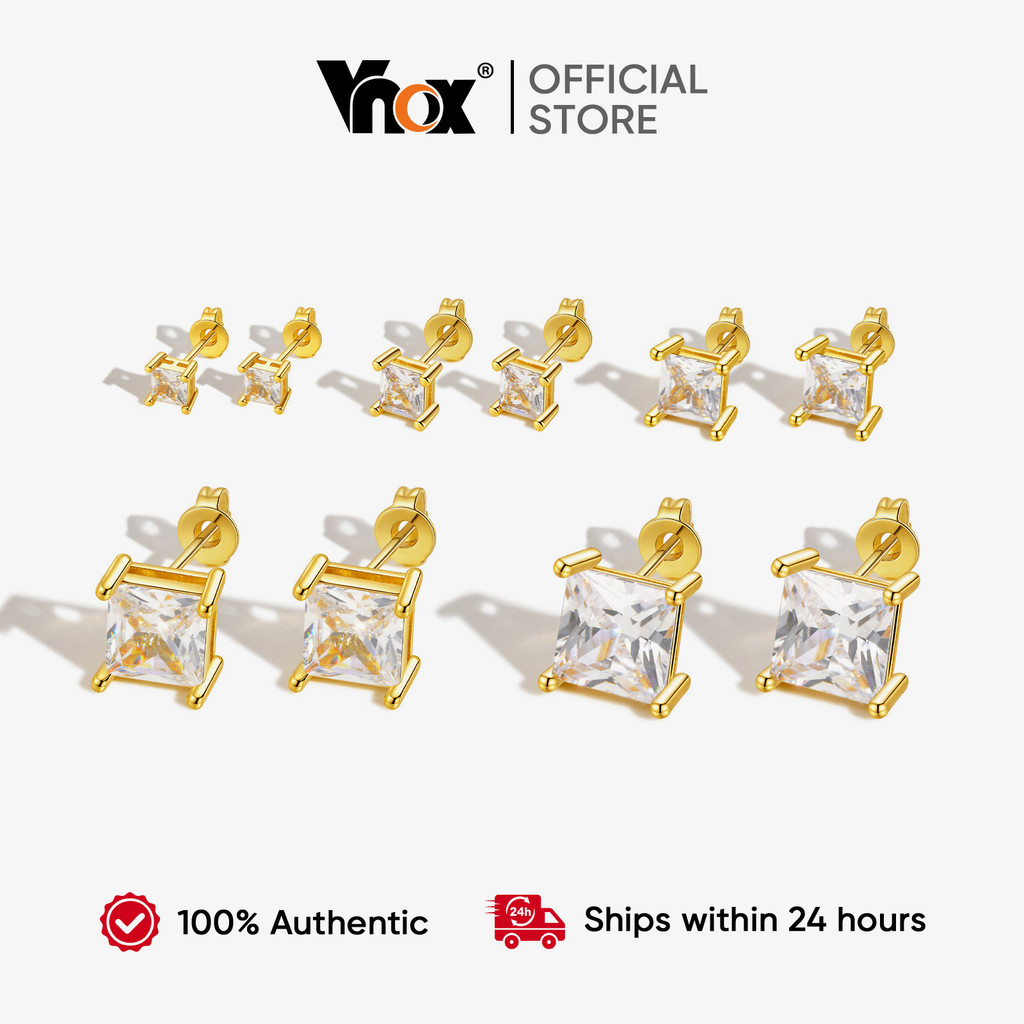 Vnox Princess Cut Cubic Zirconia ต่างหูสตั๊ดสำหรับผู้หญิง, 4-8 มม. ชุบทอง Hypoallergenic Square Clear CZ เครื่องประดับ