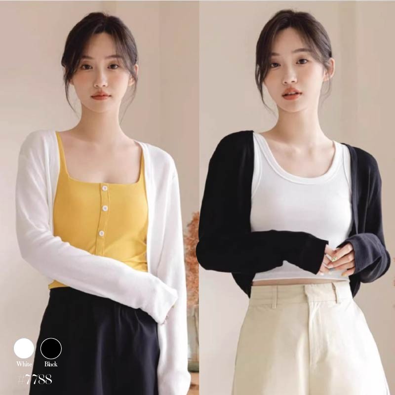 เสื้อคลุม แขนยาว ดีไซน์ชายผ้าโค้ง สีขาว ทรงครอป ผ้าโพลิเอสเตอร์ แมทซ์ได้ทุกลุค เสื้อคลุมกันแดด #7788