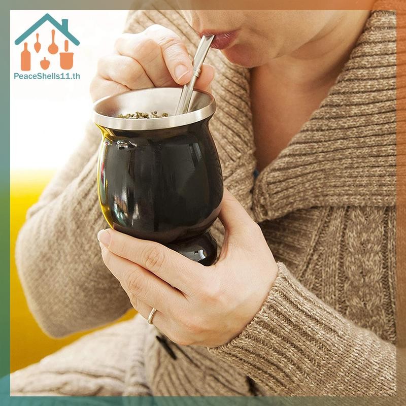 PeaceShells Yerba Mate Gourd Set Double-Wall Stainless Steel Mate Tea Cup and Bombilla Set TH