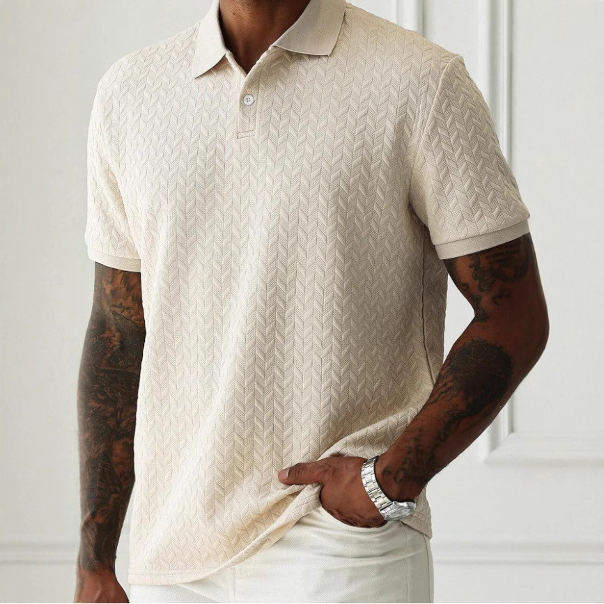Manfinity Homme Mens Vacation Casual Style พร้อมรูปลักษณ์ INS-Inspired เสื้อโปโลสีกากีแขนสั้น Geomet