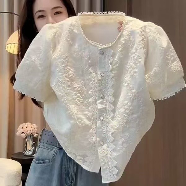 สไตล์เกาหลีผู้หญิงสุภาพสตรีหลวมวินเทจลูกไม้เย็บปักถักร้อยพัฟเสื้อแขนสั้นเสื้อ