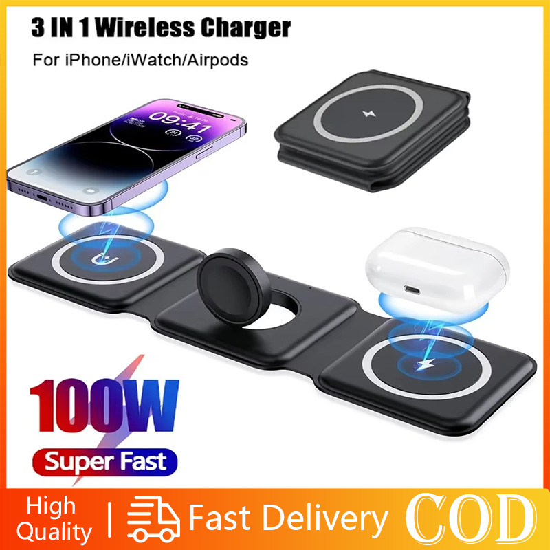 3 In 1 Magnetic Wireless Charger Pad Stand พับได้ 65W Fast Charging Dock Station สําหรับโทรศัพท์มือถือ