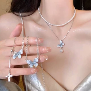 สร้อยคอคริสตัลผีเสื้อ สีน้ำเงินหวานสไตล์แฟชั่นเกาหลี ระดับไฮเอนด์ เครื่องประดับสำหรับผู้หญิง N205