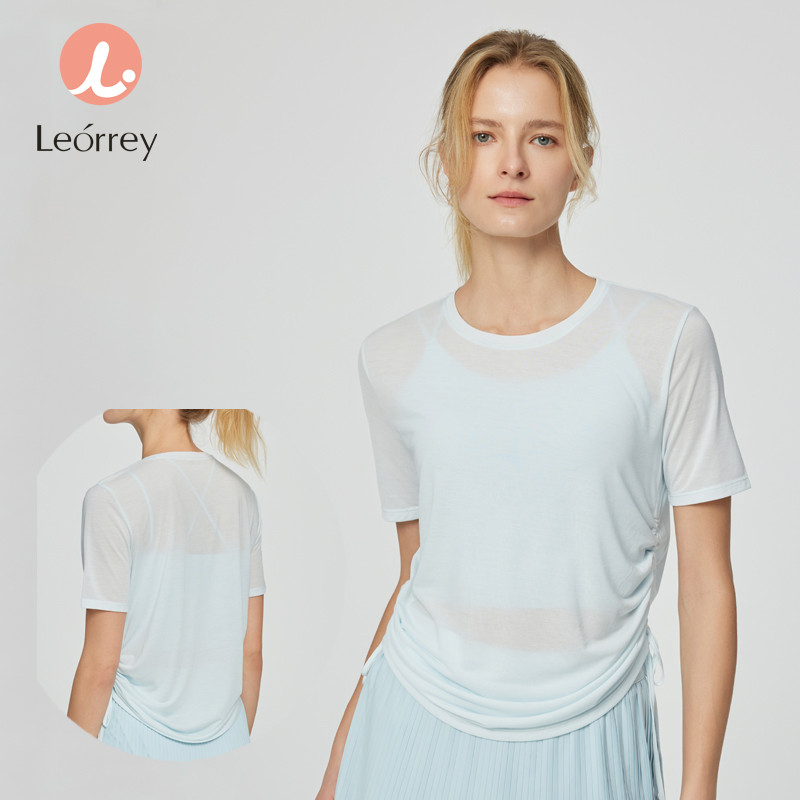 Leorrey-เสื้อยืดโยคะ แขนสั้น ทรงหลวม เชือกรูด ยืดหยุ่นสูง ทรงสปอร์ต