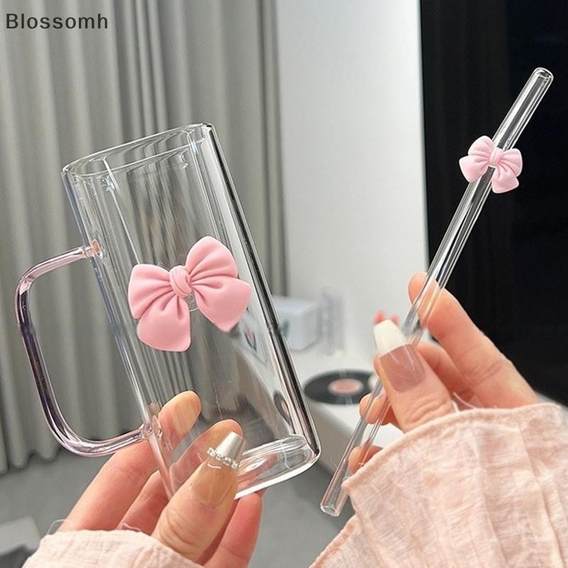 Blossomh Bow Glass ถ้วยน้ําน่ารักการ์ตูนโบว์ถ้วยแก้วลายน่ารัก Doodle แก้วกาแฟในครัวเรือนผลไม้ชา Lemonade Girls Gift ใหม่
