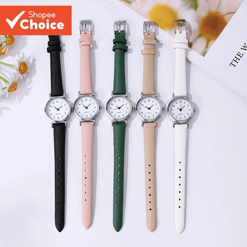 Minimalist Small Dial Watch สายหนังแท้สอบของขวัญศึกษาสีขาวสีดําสีชมพูสําหรับผู้หญิง