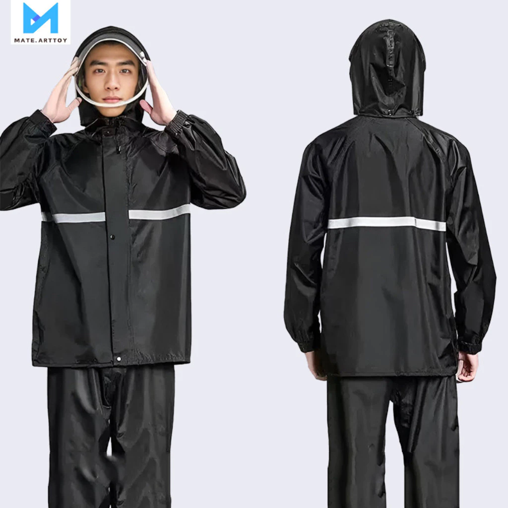 ชุดกันฝนสีดำ เสื้อและกางเกง มีที่กันหน้า แบบหนา