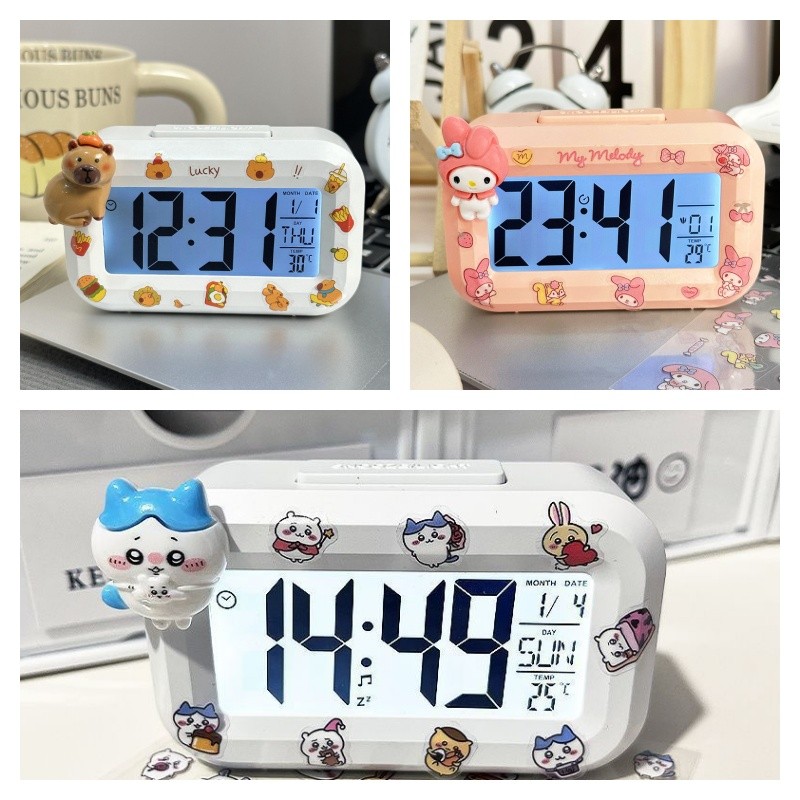 นาฬิกาปลุกเด็ก Chikawa Kuromi Melody Kitty Noctilucent Wake Up Artifact โต๊ะเด็กนาฬิกาดิจิตอลขนาดเล็ก