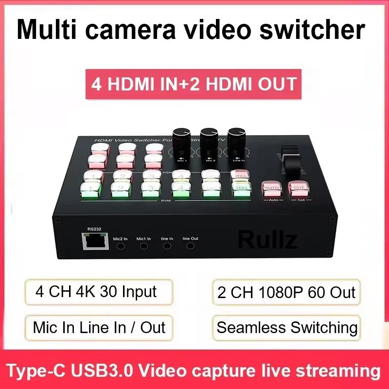 1080p60 Live Streaming Video Switcher 4 พอร์ต HDMI กล้องหลายตัว Live Broadcast Station Audio Mixer V