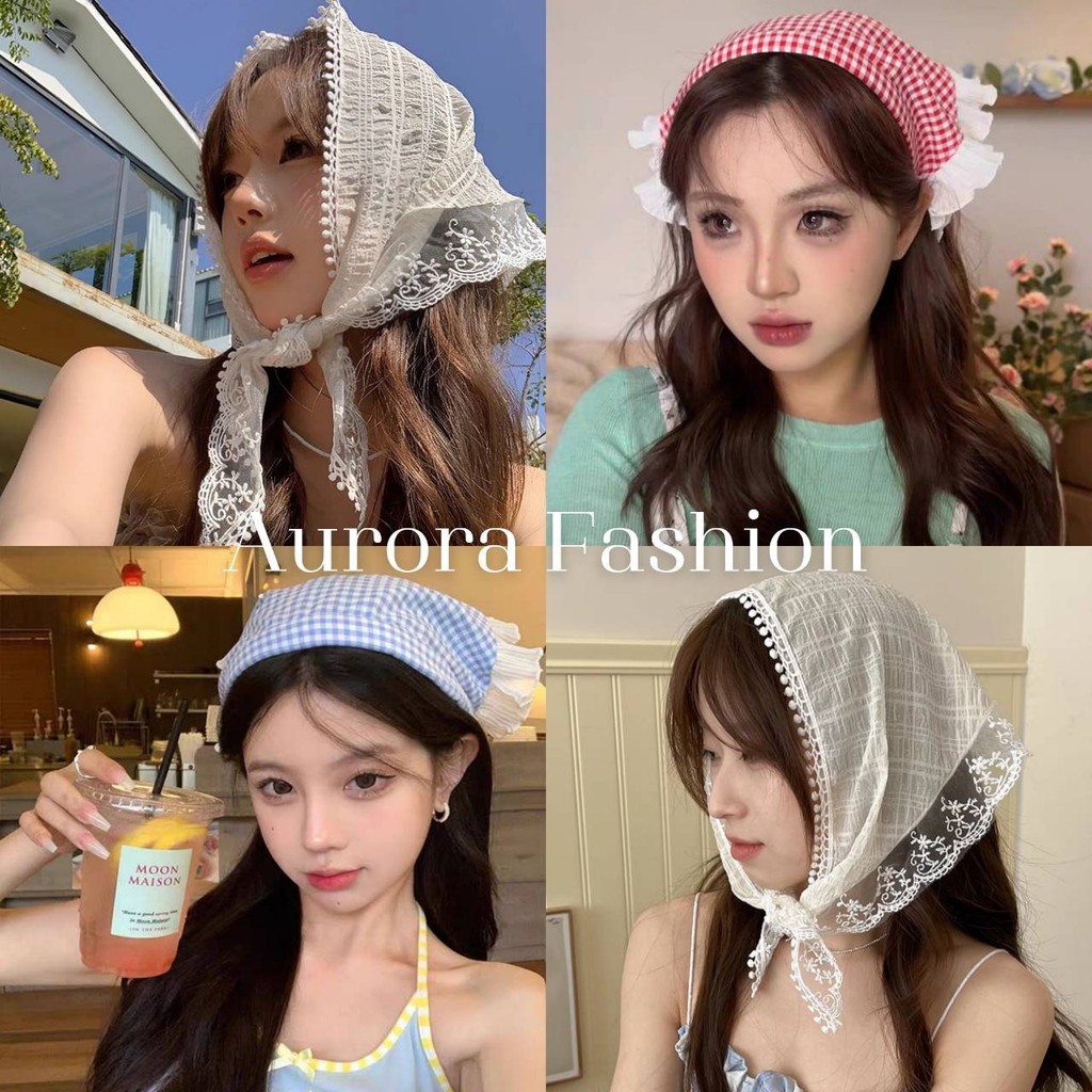 Aurora พร้อมส่ง  (รูปถ่ายจากงานจริง) ผ้าคลุมศีรษะ ทรงสามเหลี่ยม ที่คาดผมสีพื้รลายทาง