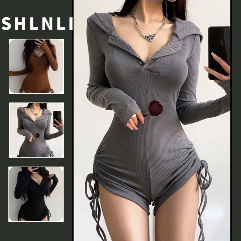 อเมริกันเอวสูงบอดี้สูทผู้หญิงแขนยาว ชุดจั๊มสูท穿着舒适紧身女士高腰美国身体套装长袖连体衣