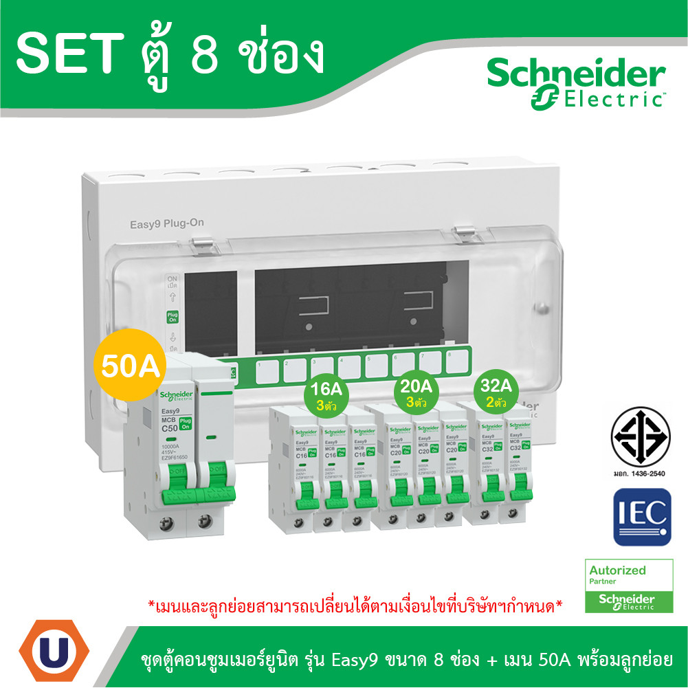 Schneider ชุดตู้คอนชูมเมอร์ยูนิต รุ่น Easy9 Plug-On ขนาด 8 ช่อง + เมนเบรกเกอร์ 50A พร้อมลูกย่อย
