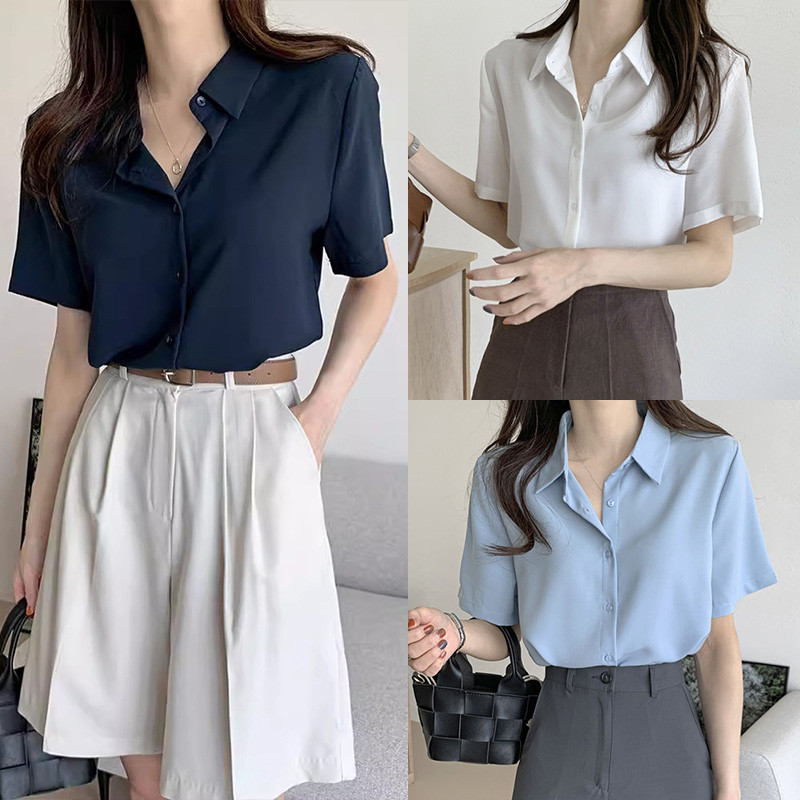 XS-XL]เสื้อชีฟองสําหรับผู้หญิงแขนสั้นมืออาชีพแฟชั่นเรียบง่ายด้านบน