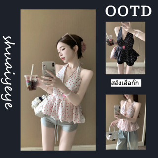 รูปแบบวันหยุดเซ็กซี่หลังสวยลายจุดการพิมพ์เชือกแขวนคอคอเสื้อก…