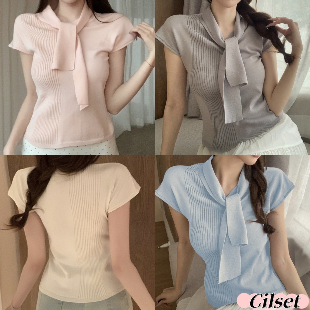 Cilset🛒พร้อมส่ง🎀ใหม่ เสื้อแขนสั้น ผู้หญิง คอกลม ไหมพรม ใส่สบาย สีหวานๆพาสเทล สไตล์ลำลอง /X-M35
