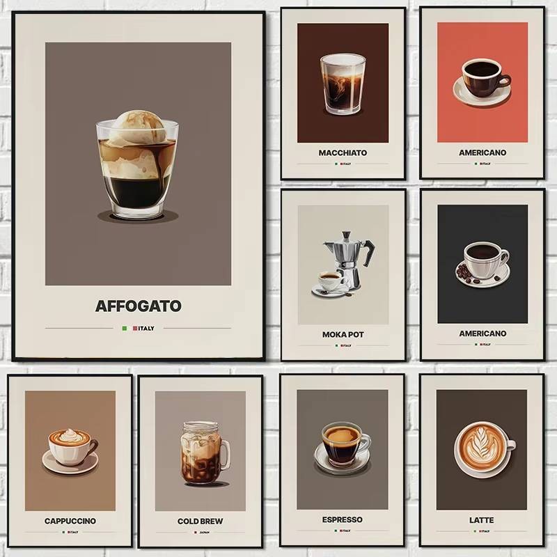 Minimalist Coffee Latte Cappuccino Mocha Coffee Art Retro โปสเตอร์ผ้าใบภาพวาด Wall Art ภาพร้านกาแฟตกแต่งบ้าน