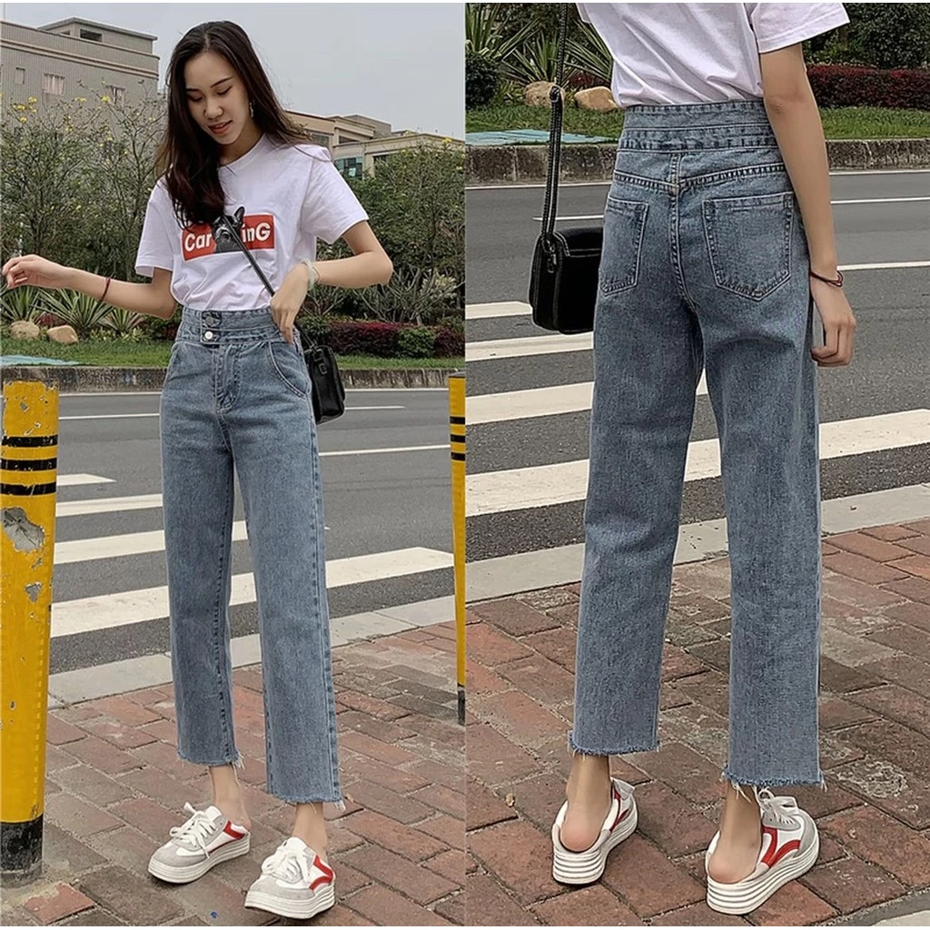 🌷👖MKL👖🌷 กางเกงยีนส์ขายาว ทรงกระบอก เอวสูง ปลายขารุ่ย กางเกงยีนส์ขายาวผู้หญิง 🔥⚡ #8058