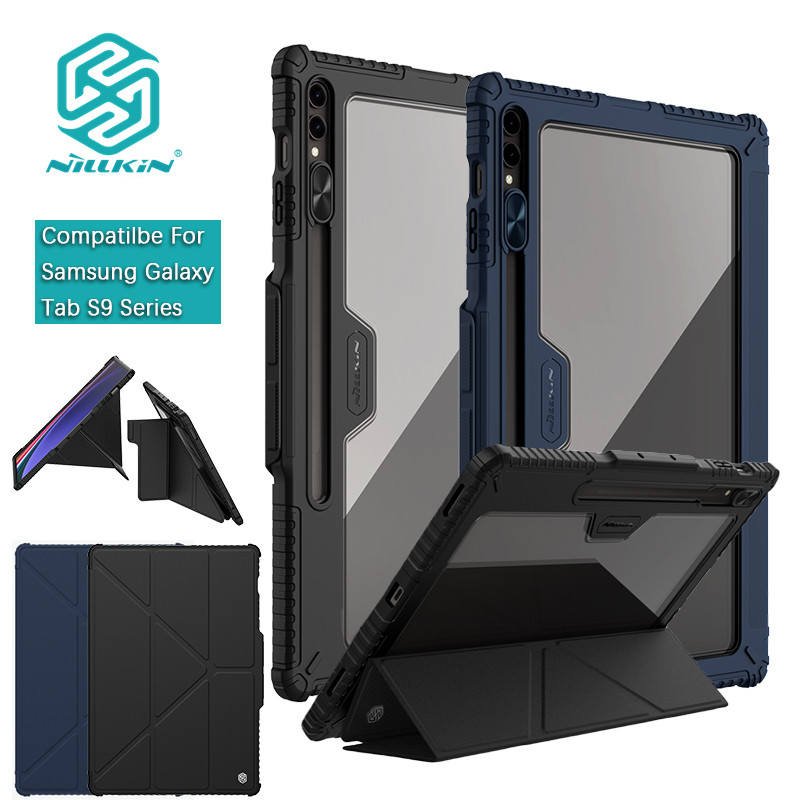 Nillkin สําหรับ Samsung Galaxy Tab 10 Ultra/S10 FE/S9 FE+/S9 +/S9 Plus กันชนหลายมุมพับ PU หนังสมาร์ทฝาครอบกล้องป้องกันเลนส์กรณีเชลล์พร้อมที่ใส่ดินสอ
