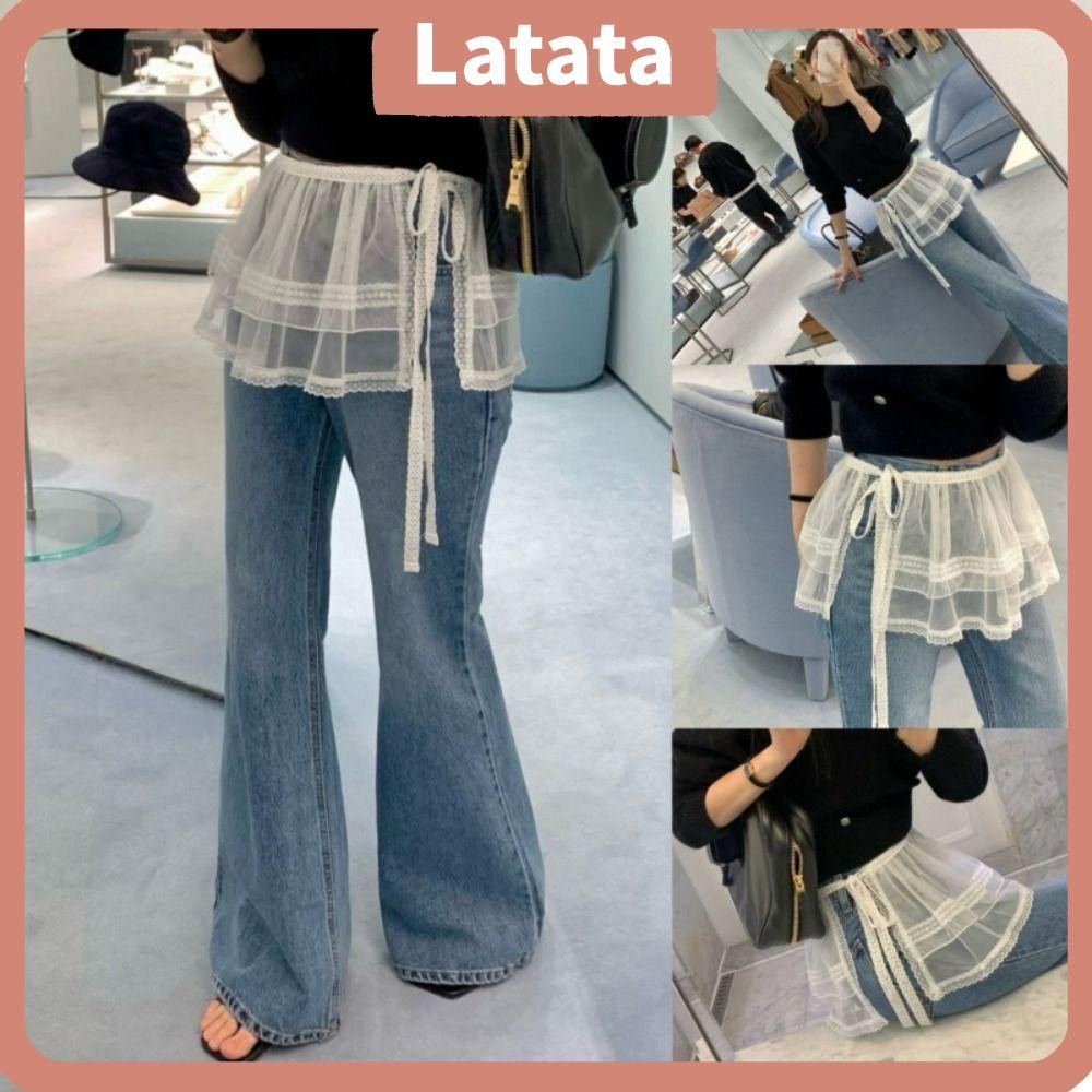 LATA ลูกไม้มินิกระโปรง, Harajuku ดูผ่าน Lace Up Ruffles กระโปรง, Y2K Streetwear ปักดอกไม้ก้นผ้าม่านกางเกงยีนส์ตกแต่ง