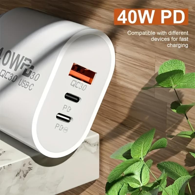 อุปกรณ์ชาร์จยูเอสบีชาร์จไวแบบวงรีคู่ PD + ตัวแปลงไฟ5V2A อุปกรณ์ชาร์จโทรศัพท์ในรถยนต์หลายพอร์ต QC3.0มาตรฐานยุโรปและอเมริกา ที่ชาร์จ USB C, 40W, การชาร์จอย่างรวดเร็ว, ปลั๊ก US, ปลั๊ก PD, USB-C Type C, เข้ากันได้กับ iPhone 14/Xiaomi/Samsung/Macbook