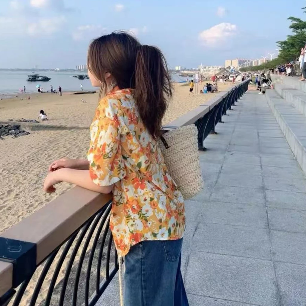 เสื้อฮาวายผู้หญิง ลายดอก สีส้ม ผ้าไหมอิตาลี thumbnail 7