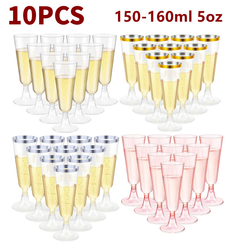 10pcs แก้วแชมเปญสีทอง 150ml ถ้วยค็อกเทลทิ้ง ถ้วยพลาสติกสูง Disposable Cup