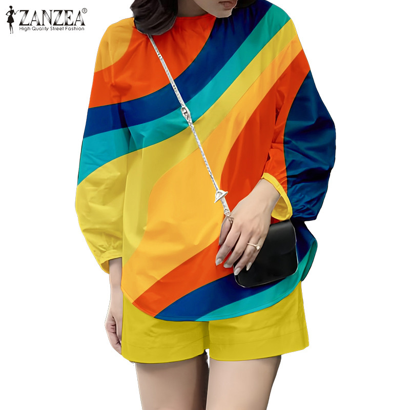 ZANZEA ซานเซีย ผู้หญิงเกาหลีลําลองพิมพ์รอบคอ 3/4 แขนด้านบน + กางเกงขาสั้นขากว้างชุด