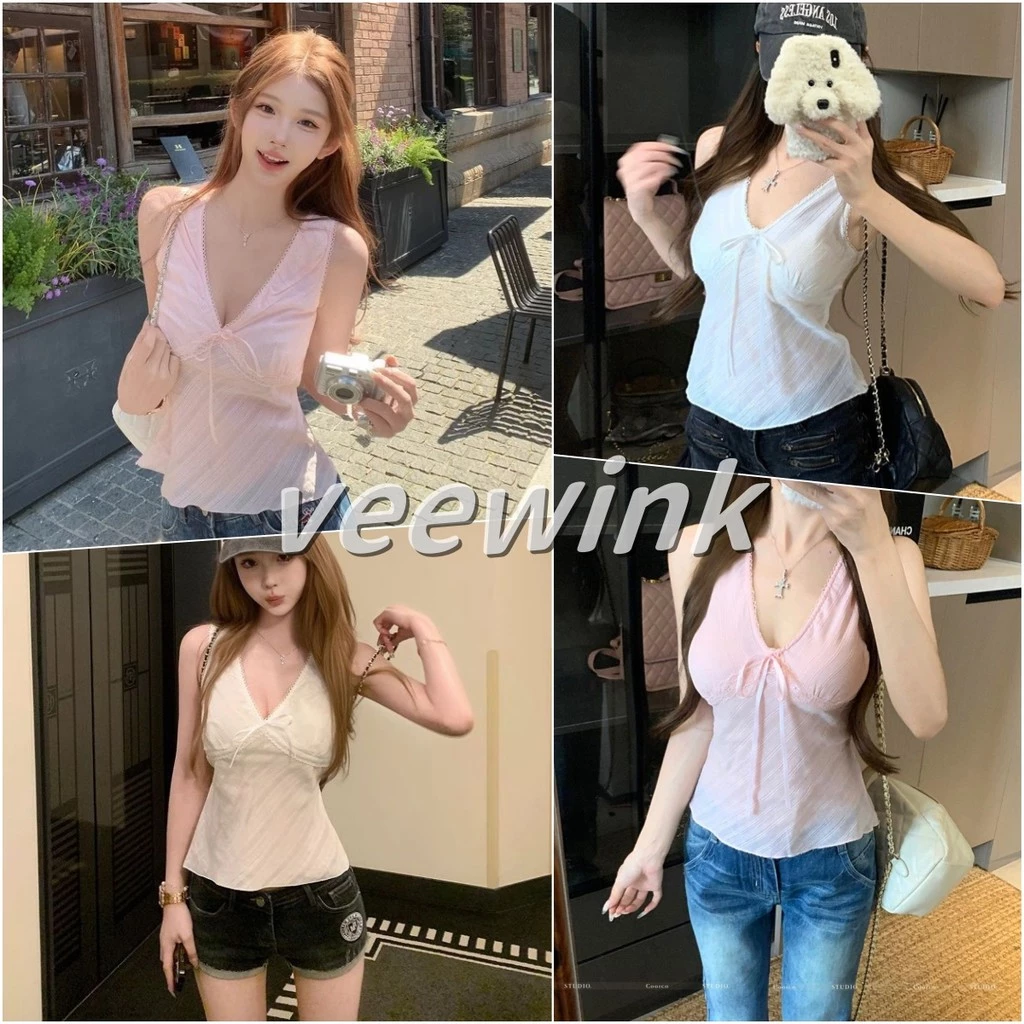 Veewink พร้อมส่งจากกทม เสื้อครอปแขนกุดคอวี ผ้าชีฟอง แถมเข็มกรัดดอกไม้ น่ารักมาก ติดโบว์ สีพาสเทลรัดตัวกำลังดี
