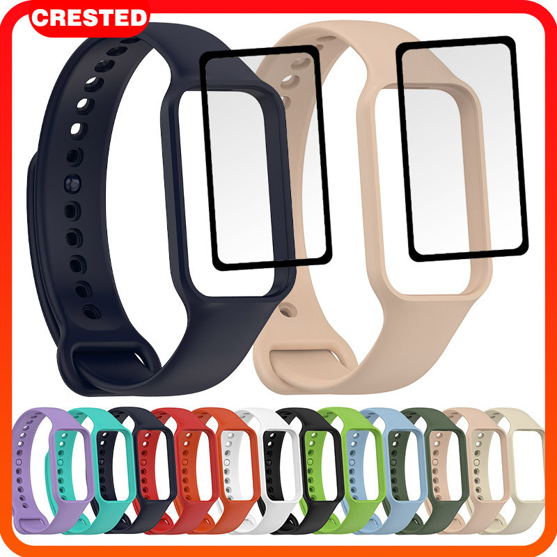 สายรัดกรณีซิลิโคนฟิล์มแก้วนิรภัย for Xiaomi Band 8 Active /Redmi Band 2 กีฬาอ่อนยางวงเข็มขัดป้องกันหน้าจอฝากกันชน