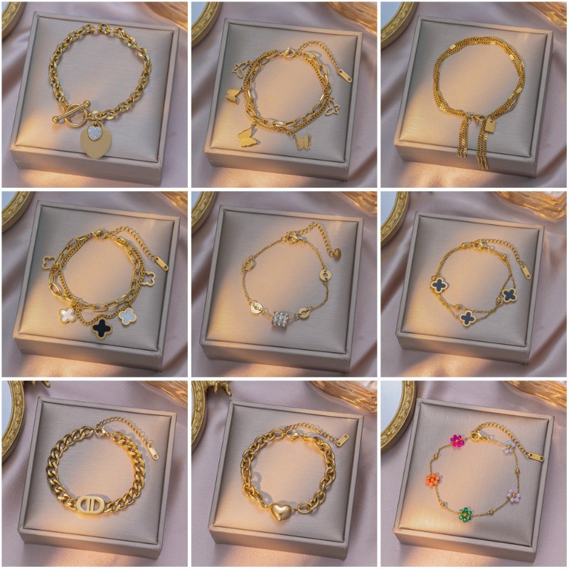 Non-Fading สร้อยข้อมือเหล็กไทเทเนียมผู้หญิงแฟชั่น High-End สร้อยข้อมือหัวใจดอกไม้มุก อุปกรณ์เสริมของขวัญขายส่ง