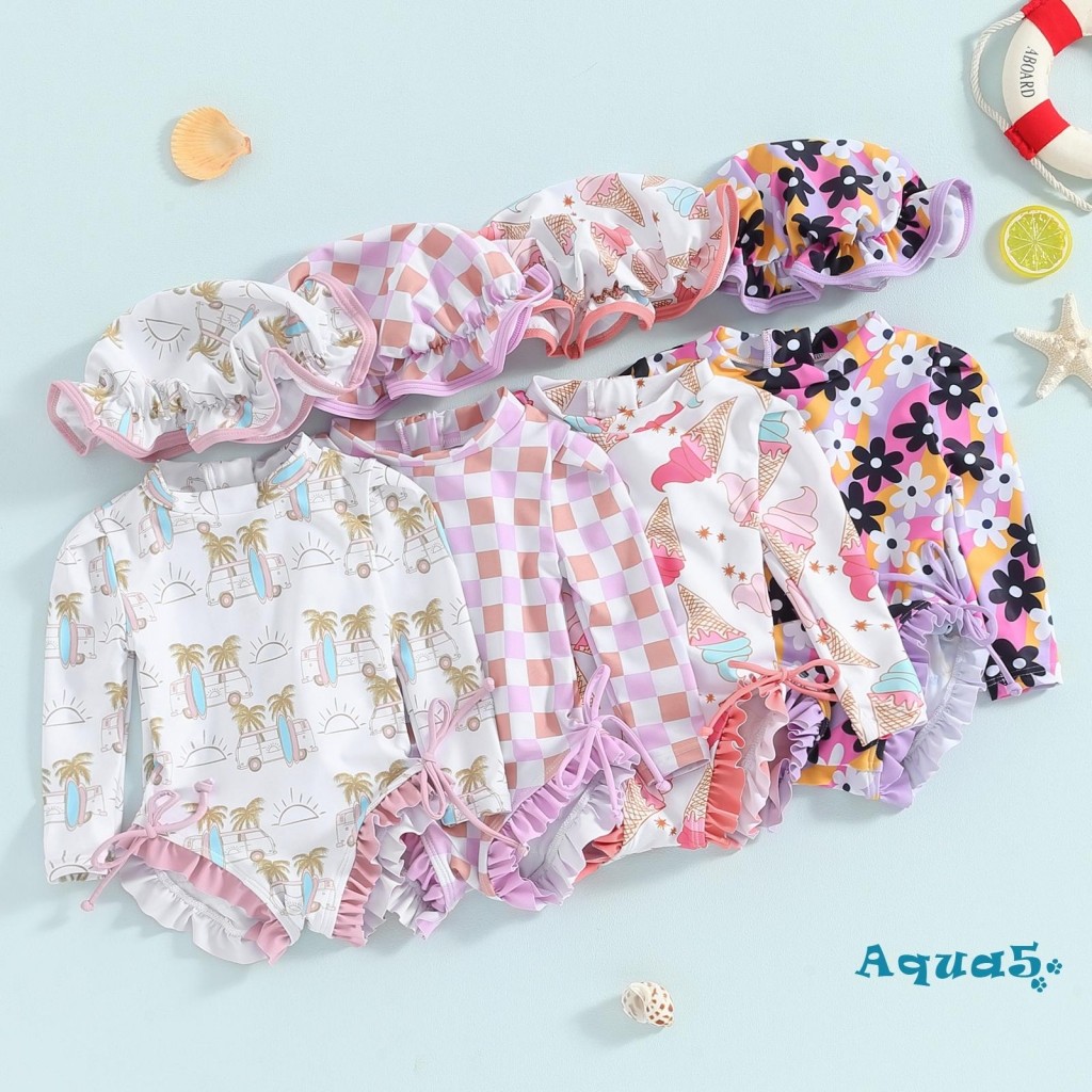 อุ๊ย-เด็กสาวผื่นยามชุดว่ายน้ําแขนยาวดอกไม้/ไอศกรีมพิมพ์ชุดว่ายน้ําชุดว่ายน้ําทารกด้วยหมวกดวงอาทิตย์
