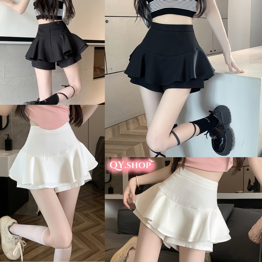 QY.Shop กระโปรงสั้นเชือกรูดกีฬาสีขาวสำหรับผู้หญิงฤดูร้อนเอวสูงแฟชั่นกระโปรงทรงเอ"FY2882"