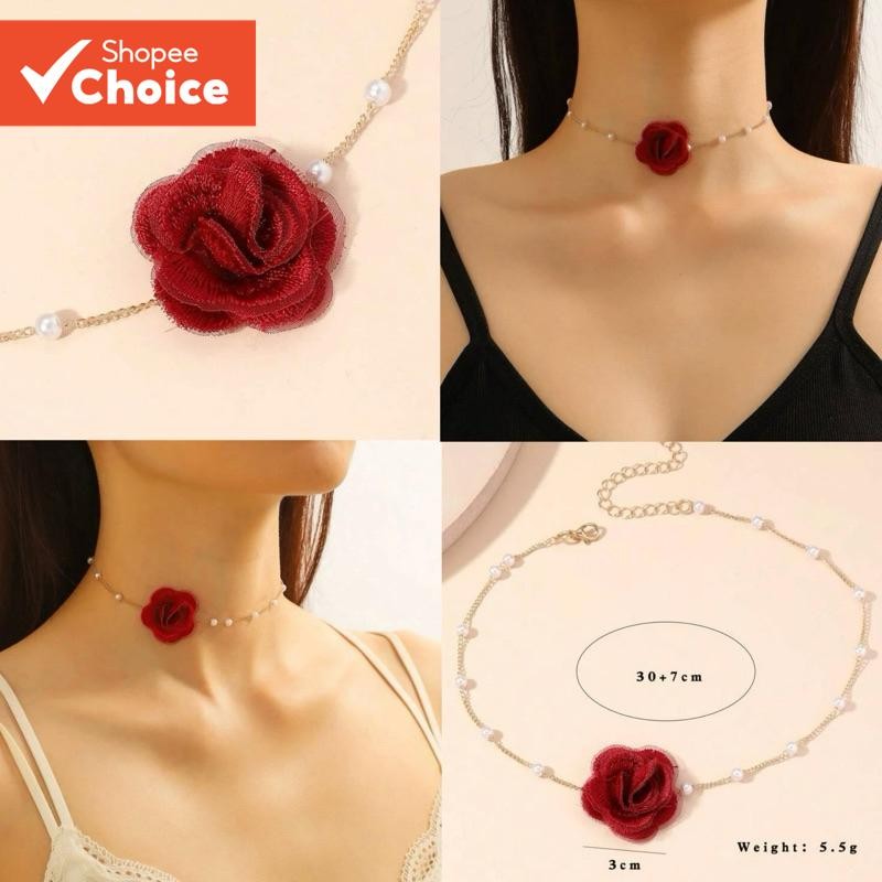 1 ชิ้นหรูหราโรแมนติกสีแดง Rose สร้อยคอผู้หญิงประณีต Pearl ดอกไม้ Choker ออกเดท Party เครื่องประดับอุปกรณ์เสริม