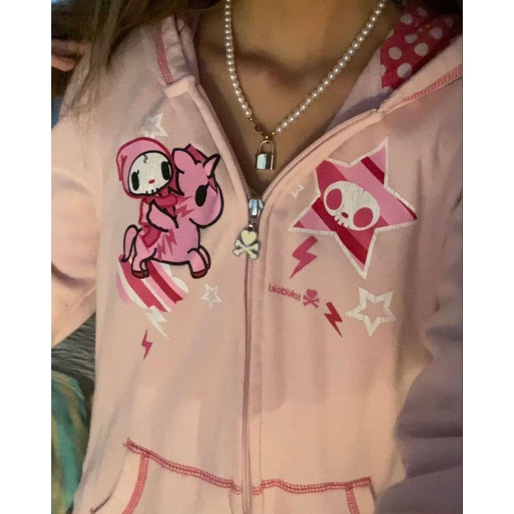 2025 Y2K บุคลิกภาพพิมพ์ผู้หญิง Hoodie แฟชั่น Punk Harajuku คู่ Zip Up Tops Kawaii