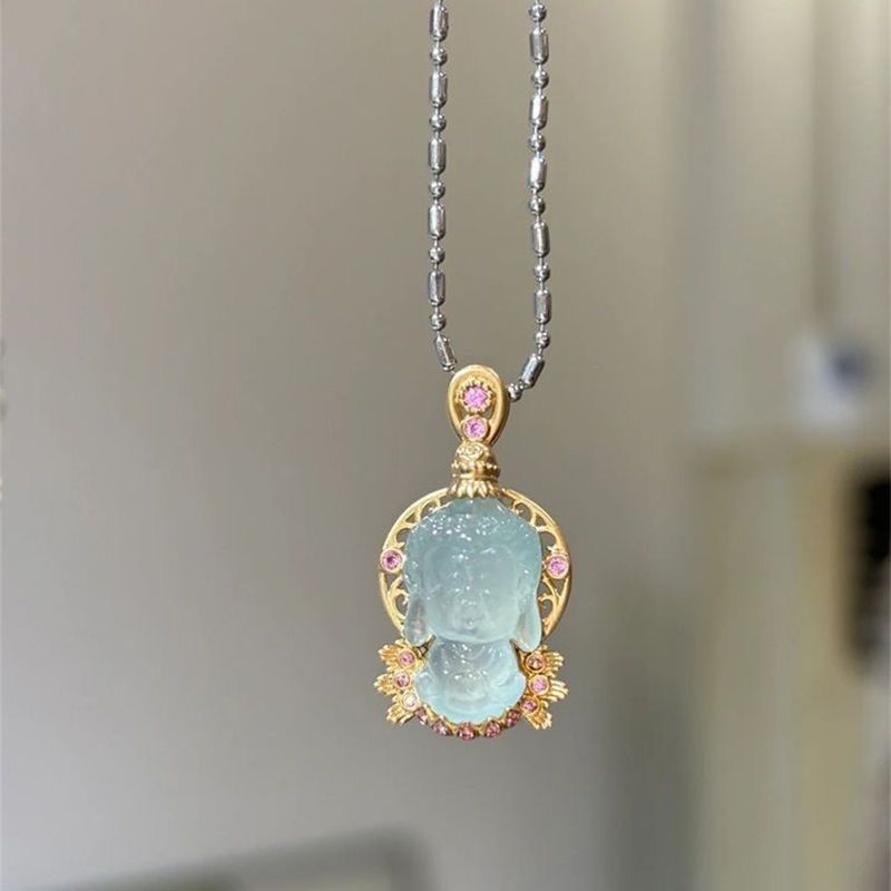 Lotus Baby Buddha Necklace Peace Joy Zircon Clavicle Chain Niche Retro Necklace Female#XL612#