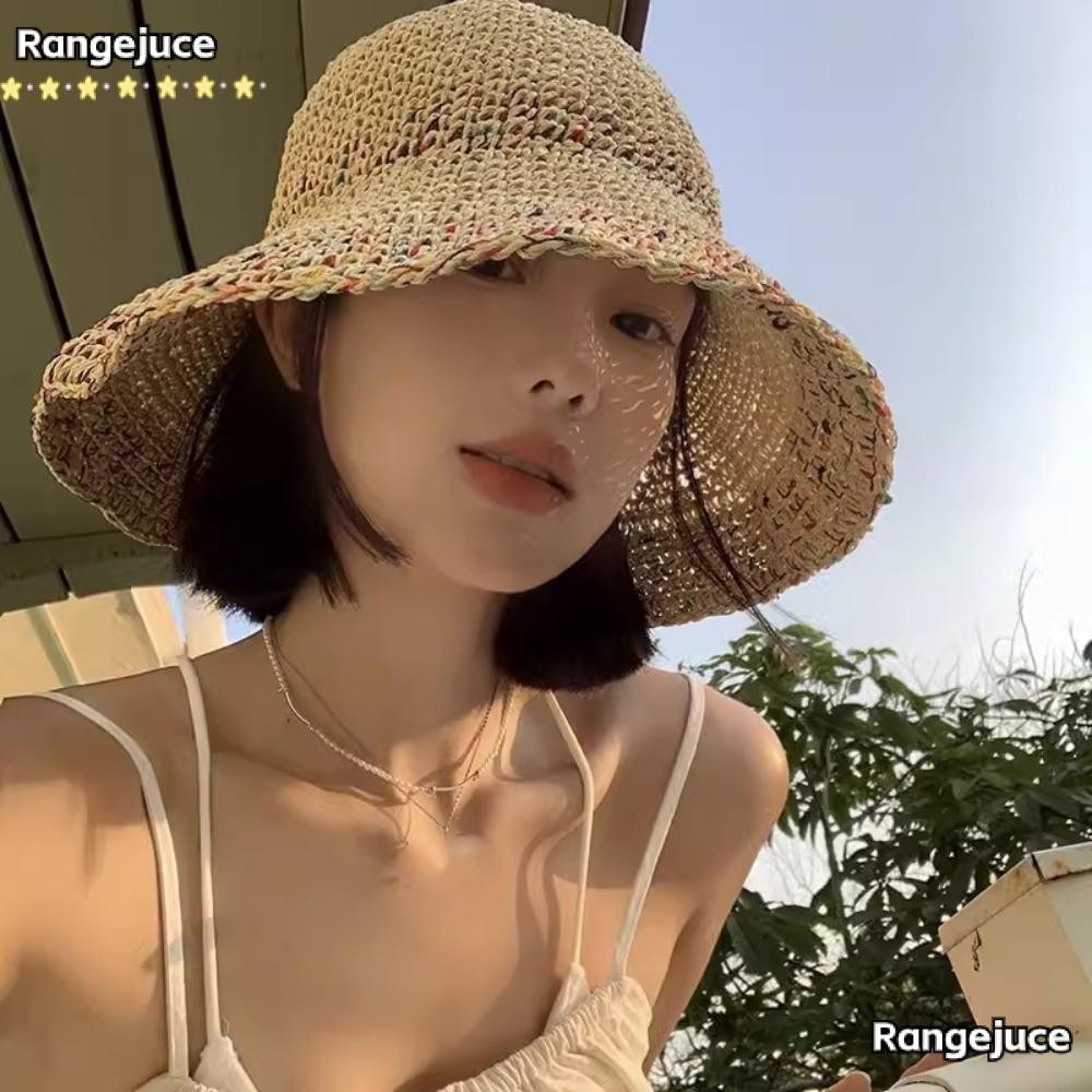 RANGEJUCE หมวกฟาง Breathable Rainbow กันแดดสำหรับผู้หญิง แฟชั่นทอบังแดด Visors หมวกปีกกว้าง พร้อมอุปกรณ์เสริมสำหรับวันหยุดทะเลในฤดูร้อน