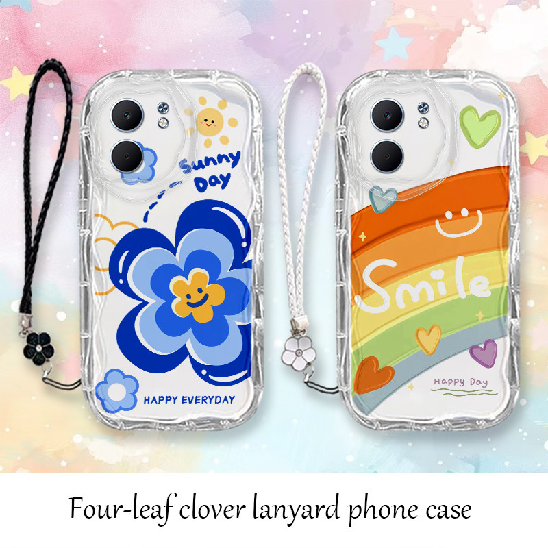 เคส OPPO A5X 5G 4G แมวสายรุ้งรูปแบบดอกไม้น่ารักสร้อยข้อมือโคลเวอร์สีดําและสีขาวเคสโทรศัพท์ TPU โปร่งใส CBY2