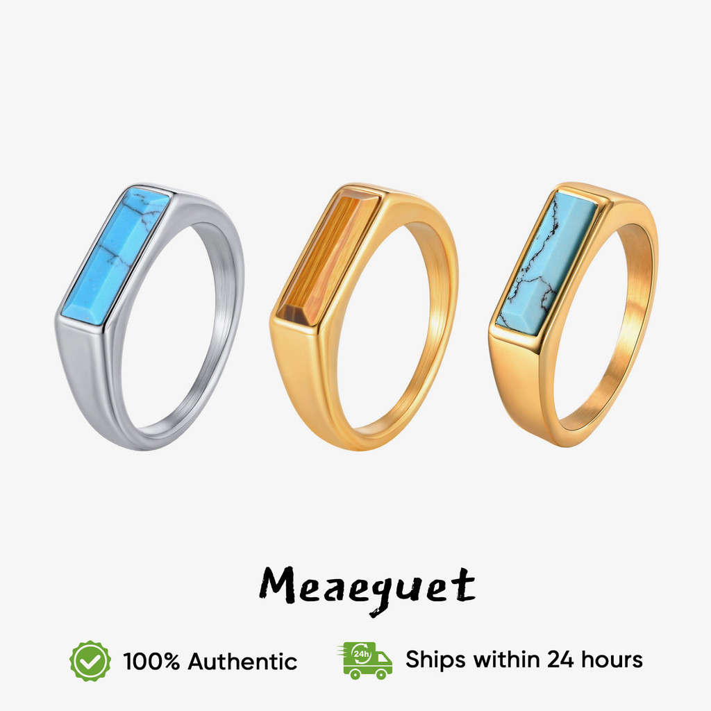 Meaeguet แหวนผู้ชาย Square Tiger Eye Turquoise แหวนทองเงินสแตนเลสแสงภายนอกทรายด้านในป้องกันอาการแพ้ (7-12)