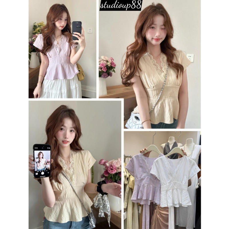 (ส่งจากไทย)เสื้อเชิ้ตแขนสั้น สีขาว คอวี ทรงเข้ารูป เสื้อผ้าผู้หญิงสไตล์เกาหลี แฟชั่นฤดูร้อน สําหรับผู้หญิง